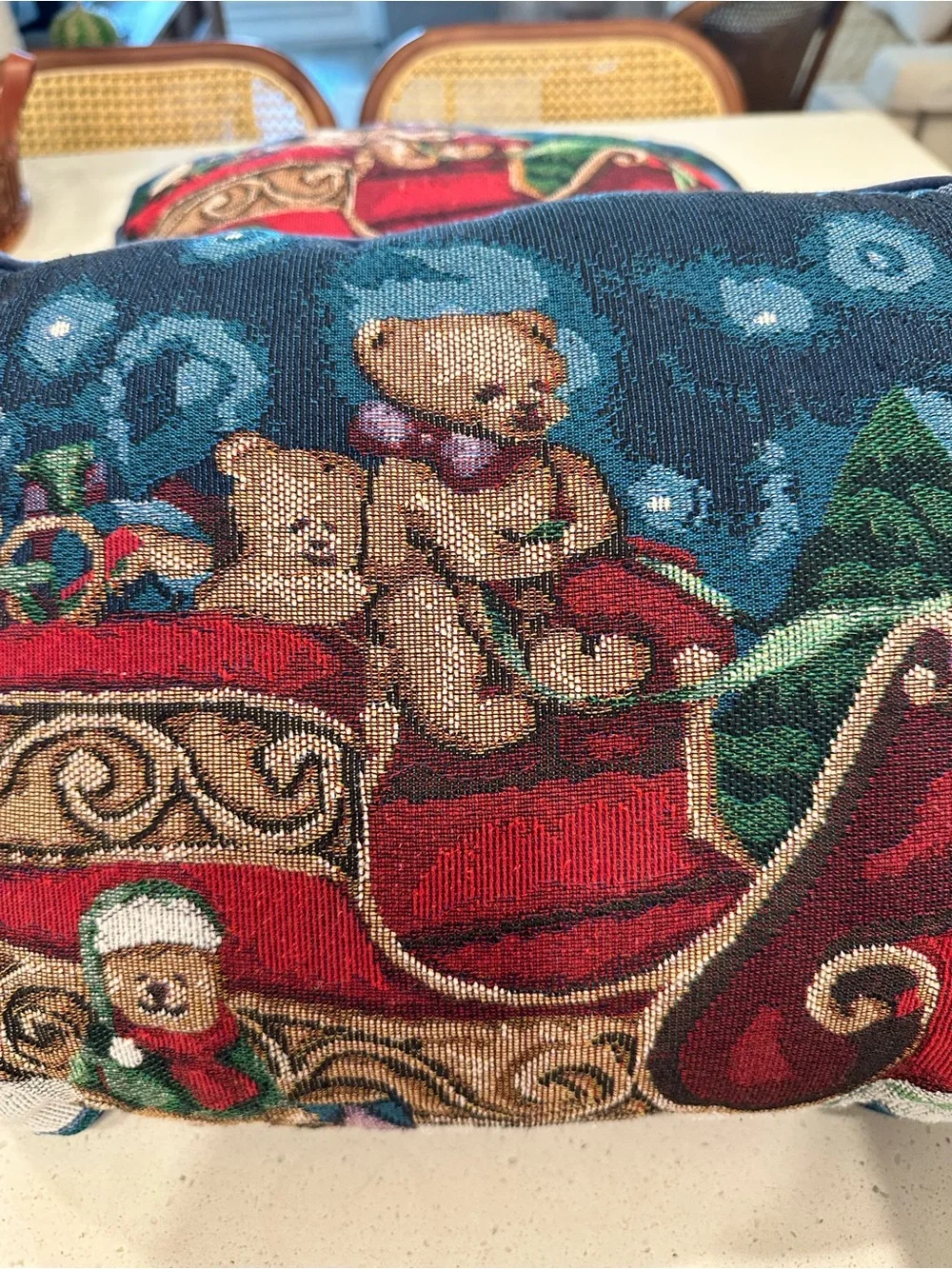Vintage Style Christmas Tapestry Pillows Set of 2 Teddy Bear Sleigh